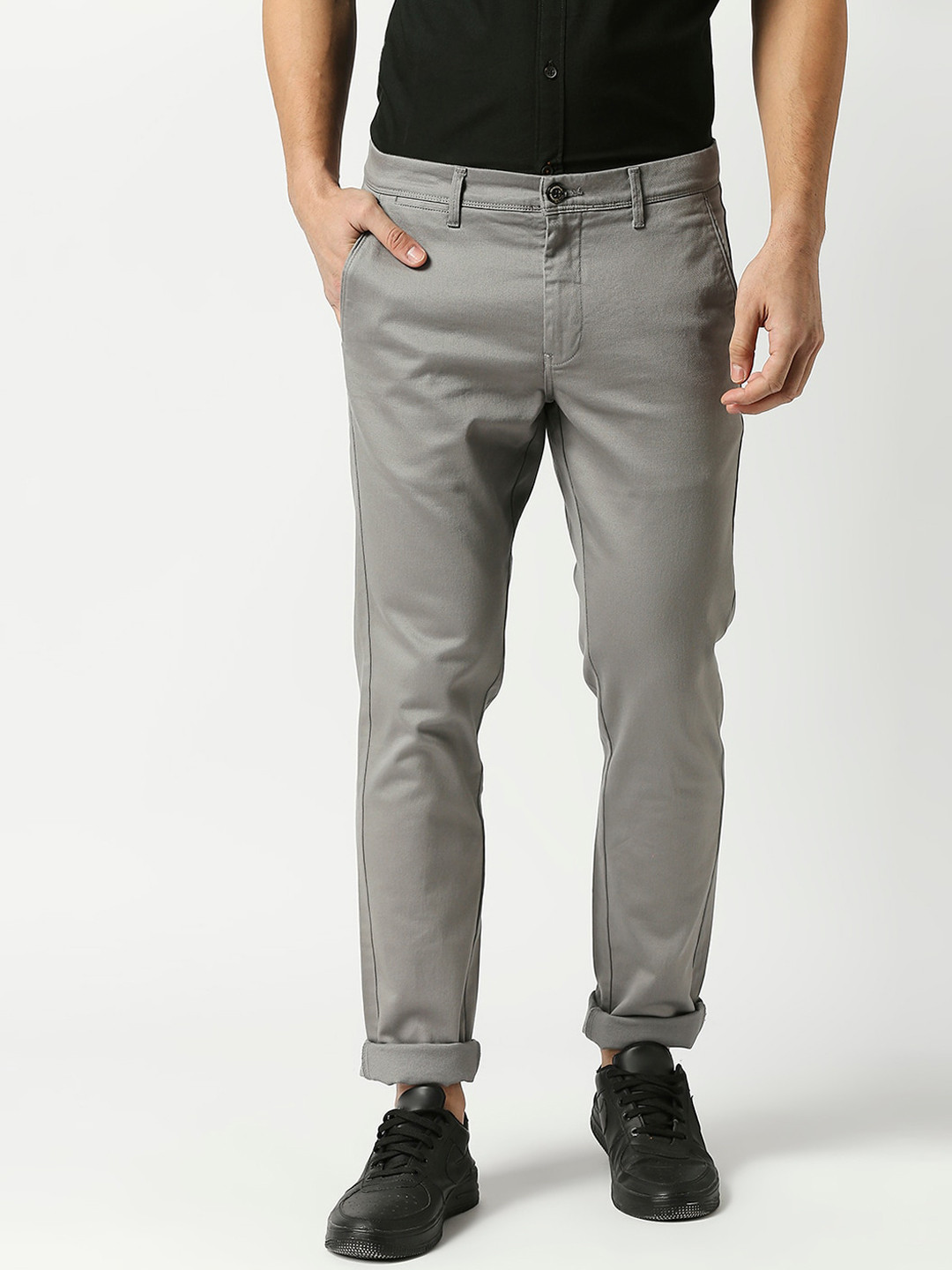 

DRAGON HILL Men Mid Rise Plain Cotton Slim Fit Chinos Trousers, Grey