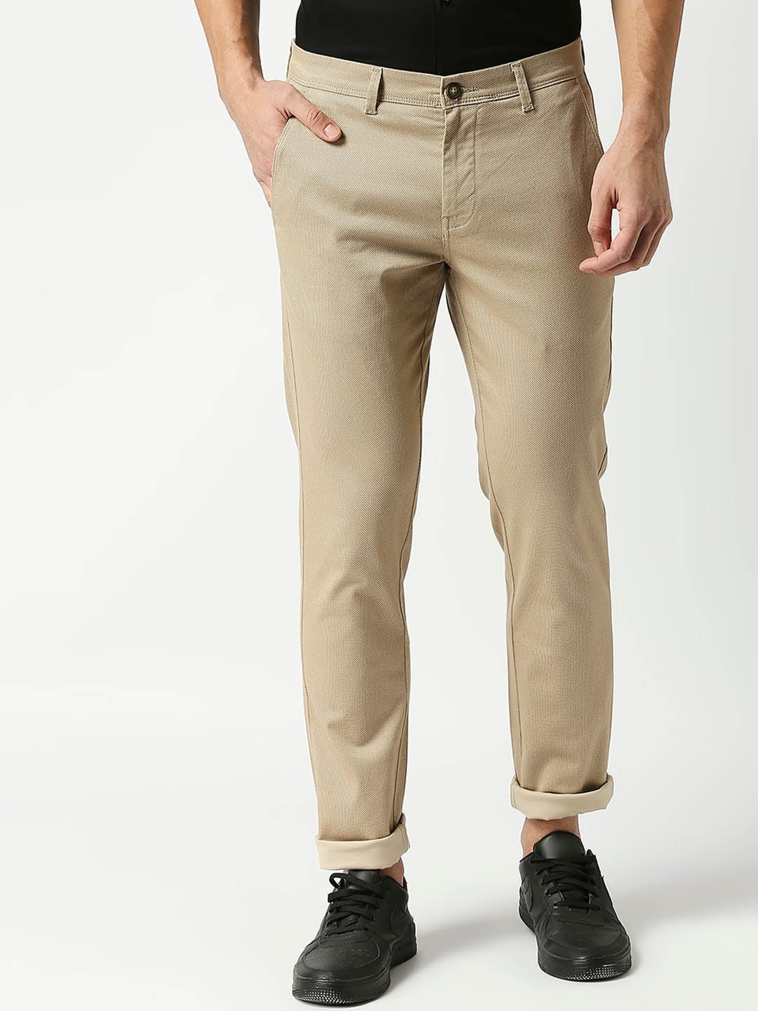 

DRAGON HILL Men Mid Rise Plain Cotton Slim Fit Chinos Trousers, Beige