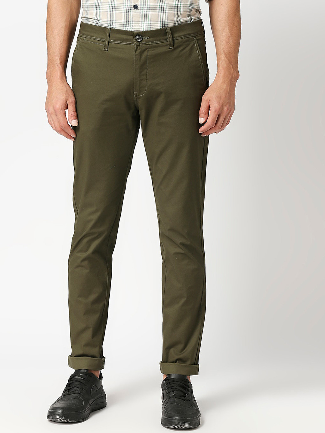 

DRAGON HILL Men Mid Rise Plain Cotton Slim Fit Chinos Trousers, Green