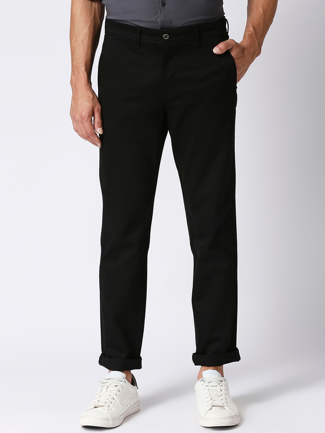 

DRAGON HILL Men Mid Rise Plain Cotton Slim Fit Chinos Trousers, Black
