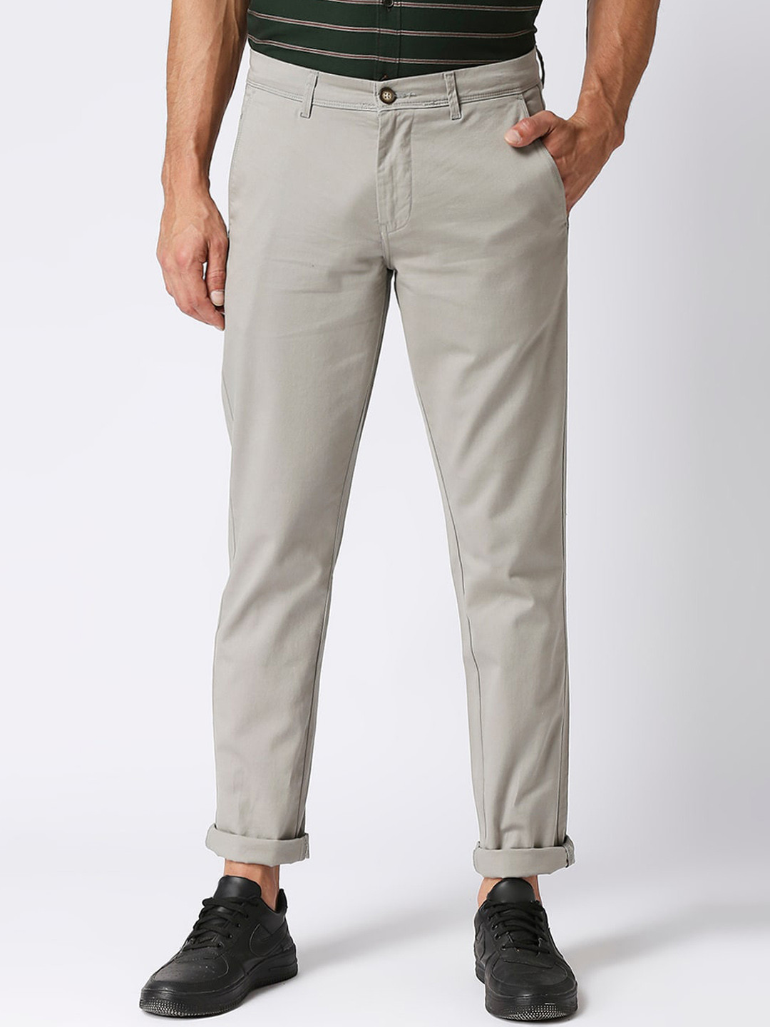 

DRAGON HILL Men Mid Rise Plain Cotton Slim Fit Chinos Trousers, Grey