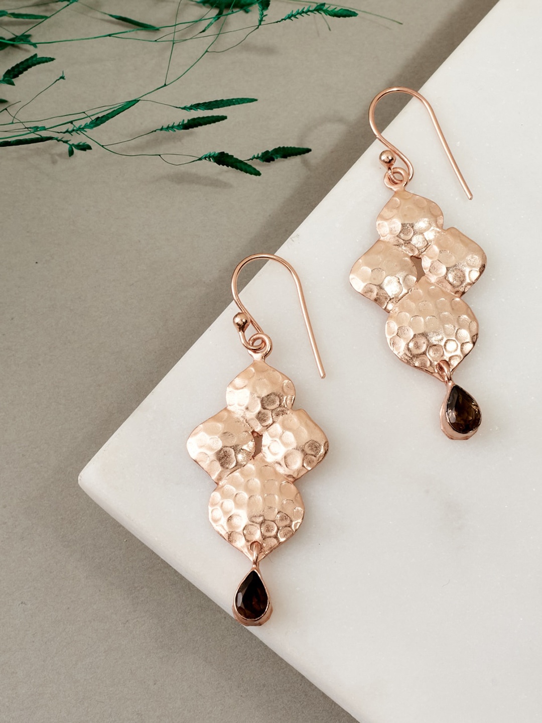 

Fabindia Rose Gold-Plated Artificial Stones Studded Contemporary Drop Earrings