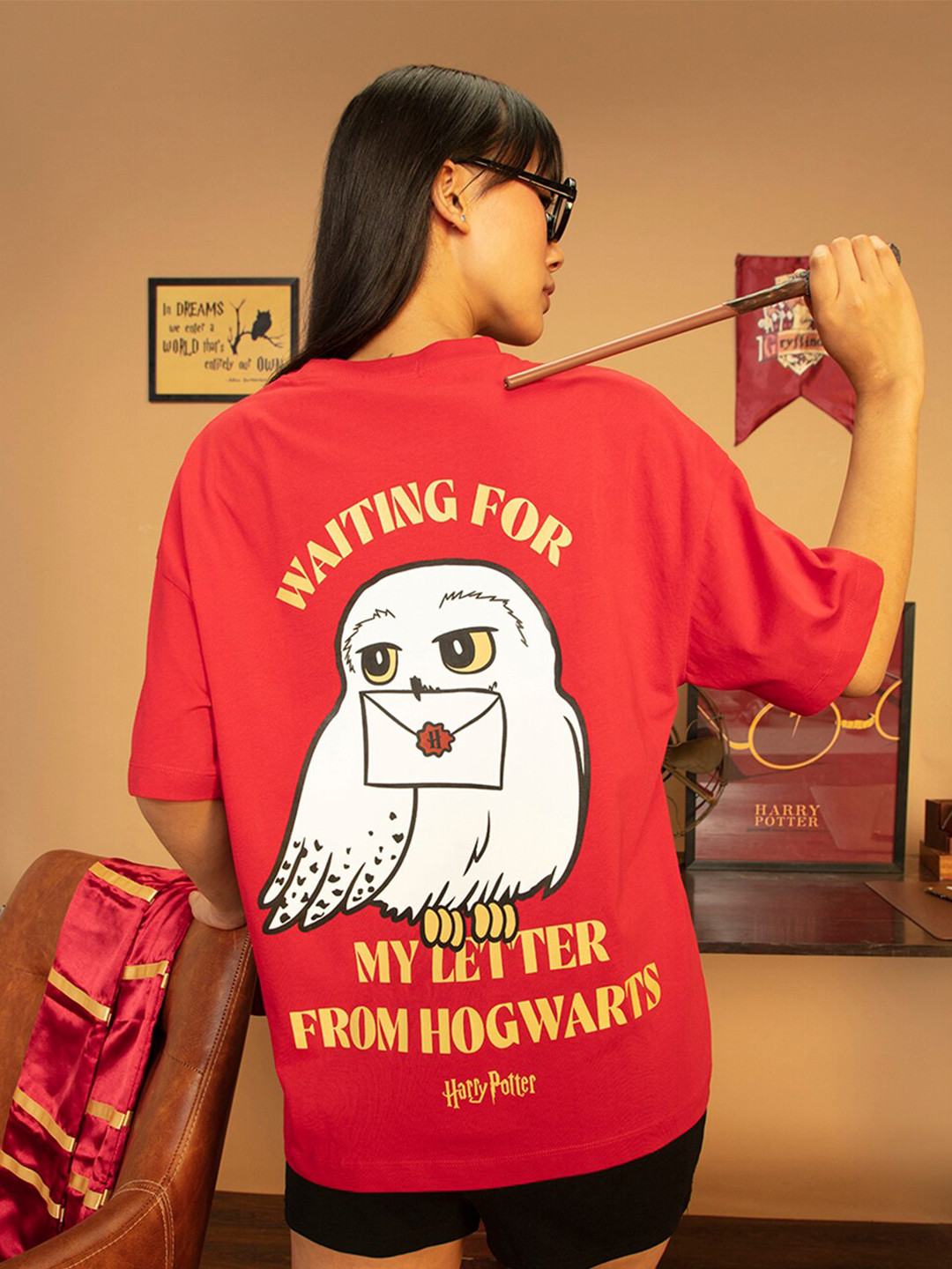 

Bewakoof X Harry Potter Typography Printed Pure Cotton Oversized Fit T-shirt, Red