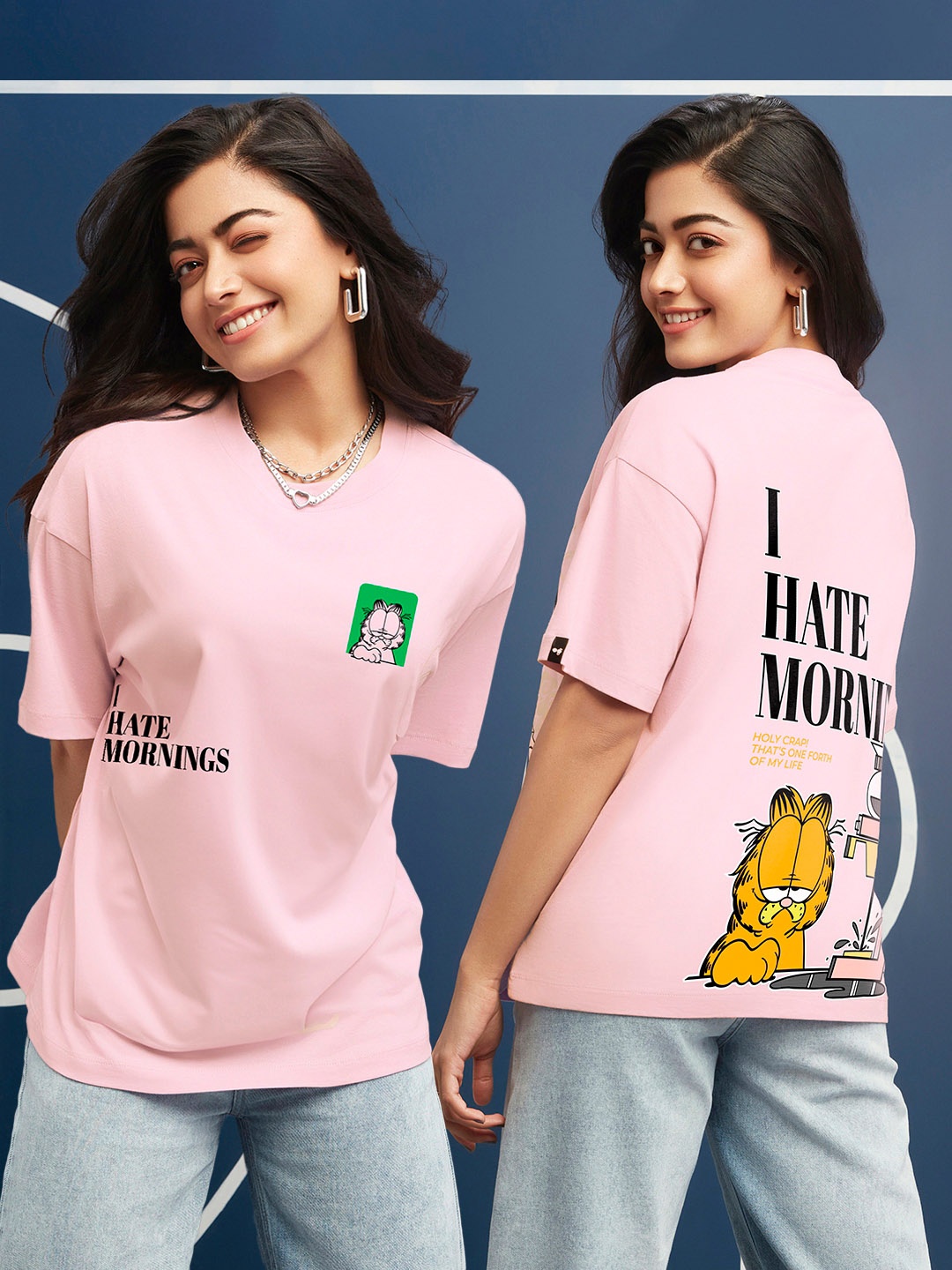 

Bewakoof Official Garfield Merchandise Women I Hate Mornings Print Oversized T-shirt, Pink