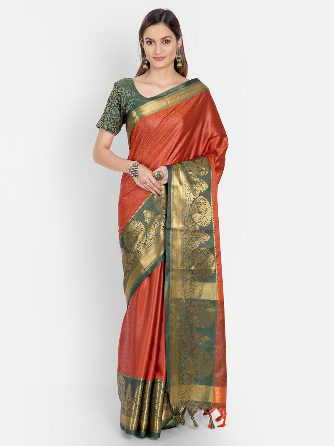 

VILLAGIUS Ethnic Woven Design Zari Dharmavaram Saree, Orange