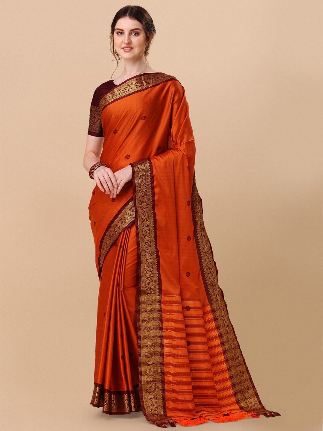 

VILLAGIUS Woven Design Zari Pure Silk Ilkal Saree, Orange