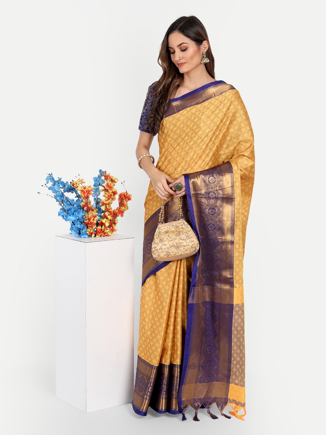 

VILLAGIUS Ethnic Motif Woven Design Zari Mysore Silk Saree, Yellow