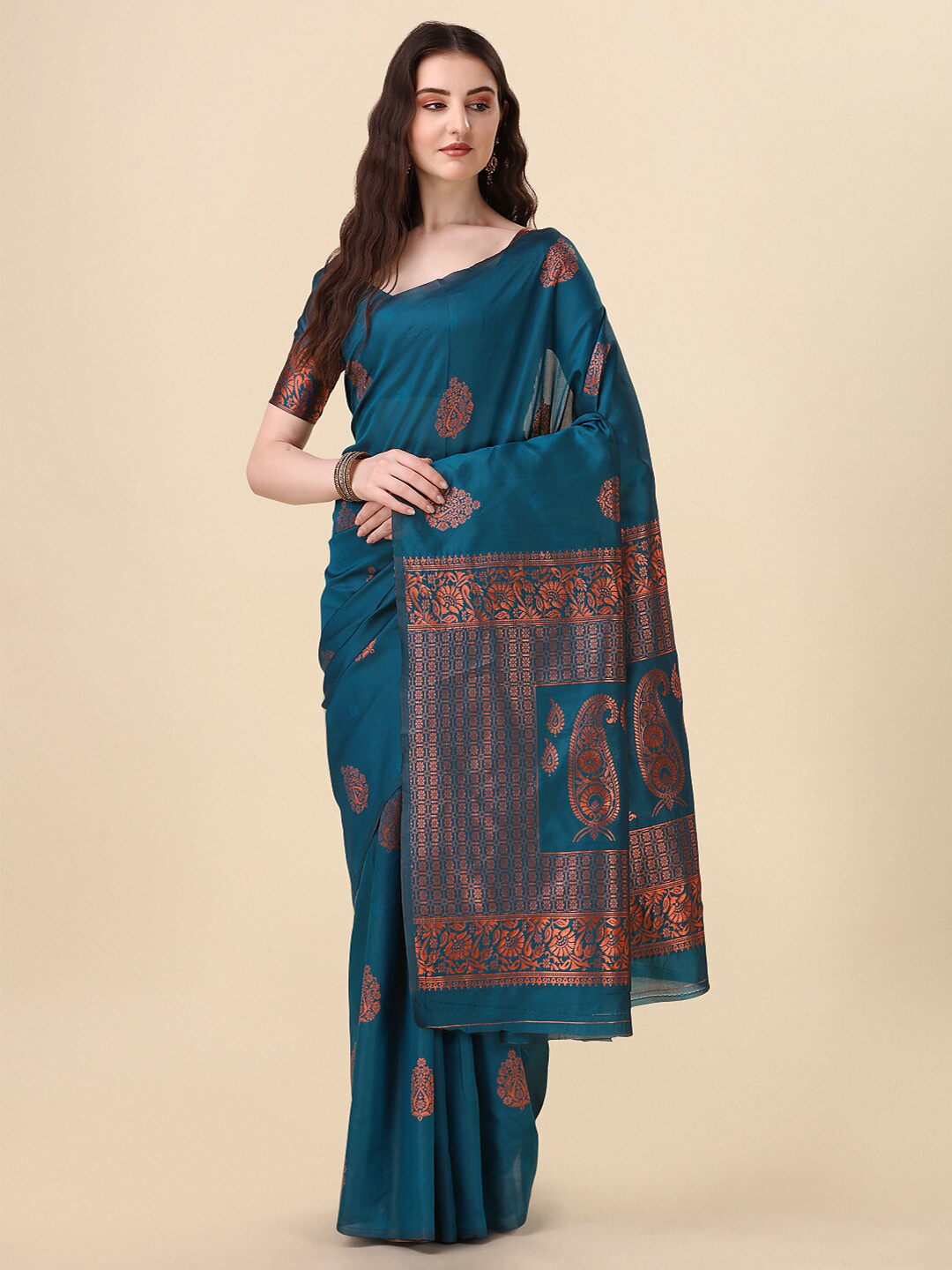 

VILLAGIUS Floral Woven Design Zari Banarasi Saree, Teal