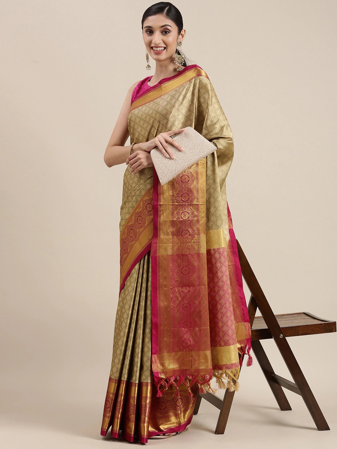 

VILLAGIUS Woven Design Zari Silk Cotton Mysore Silk Saree, Beige