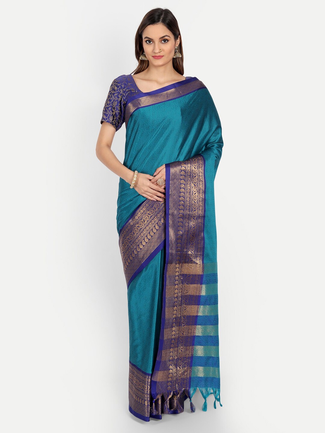 

VILLAGIUS Ethnic Woven Design Zari Dharmavaram Saree, Turquoise blue