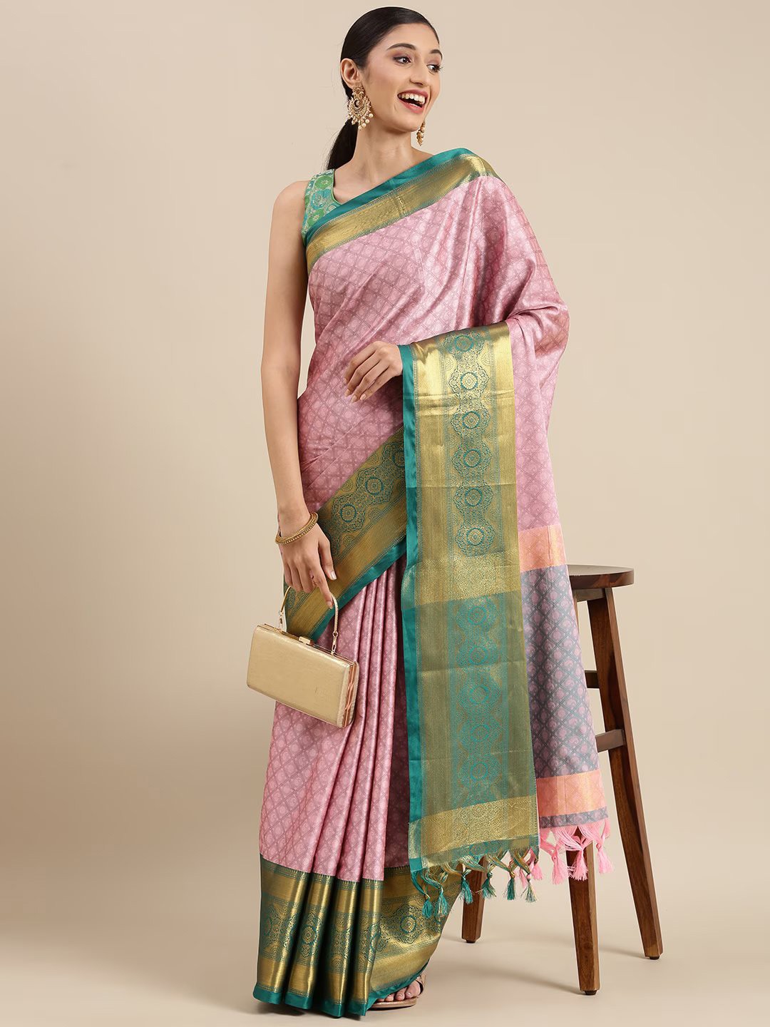 

VILLAGIUS Ethnic Motif Woven Design Zari Silk Cotton Mysore Silk Saree, Pink