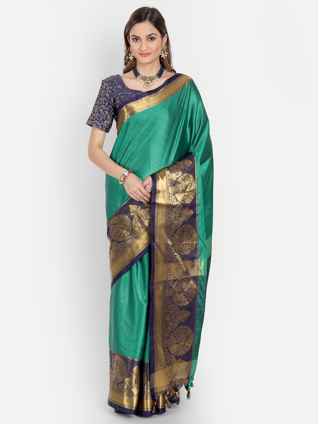 

VILLAGIUS Ethnic Motif Woven Design Zari Dharmavaram Saree, Green