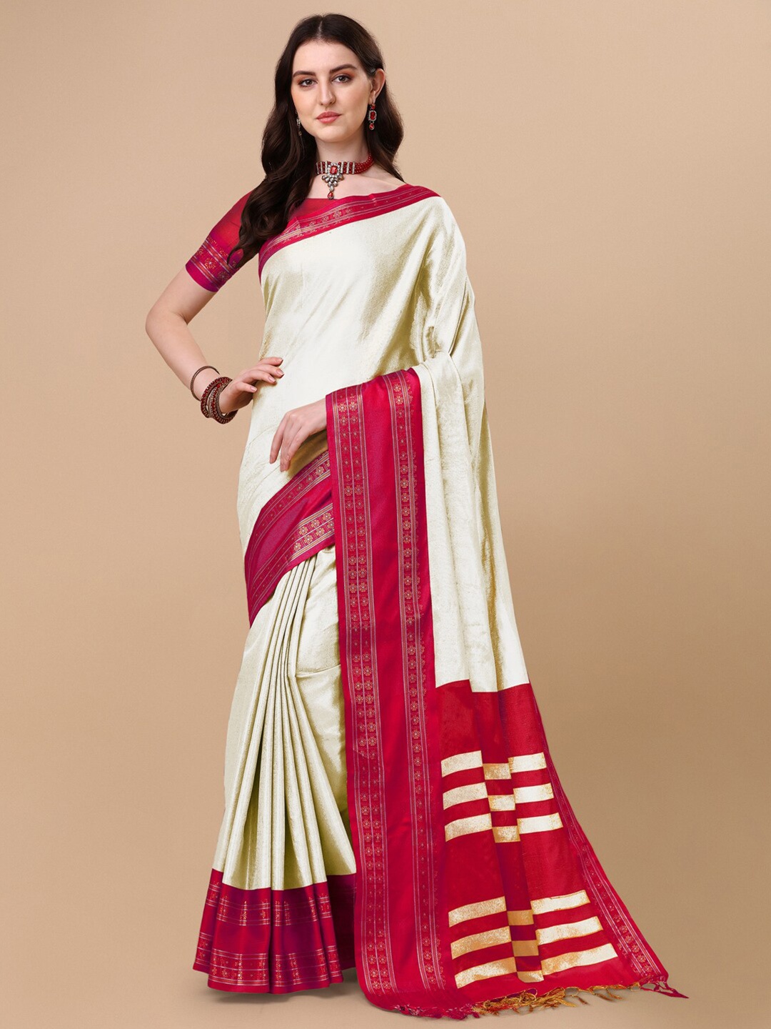 

VILLAGIUS Zari Pure Silk Ilkal Saree, White