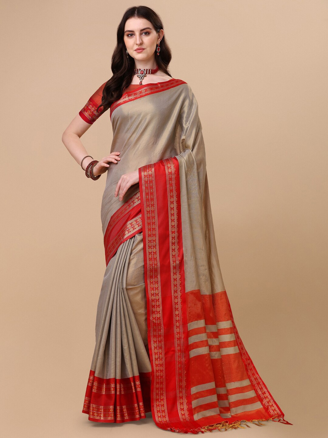 

VILLAGIUS Zari Pure Silk Ilkal Saree, Grey