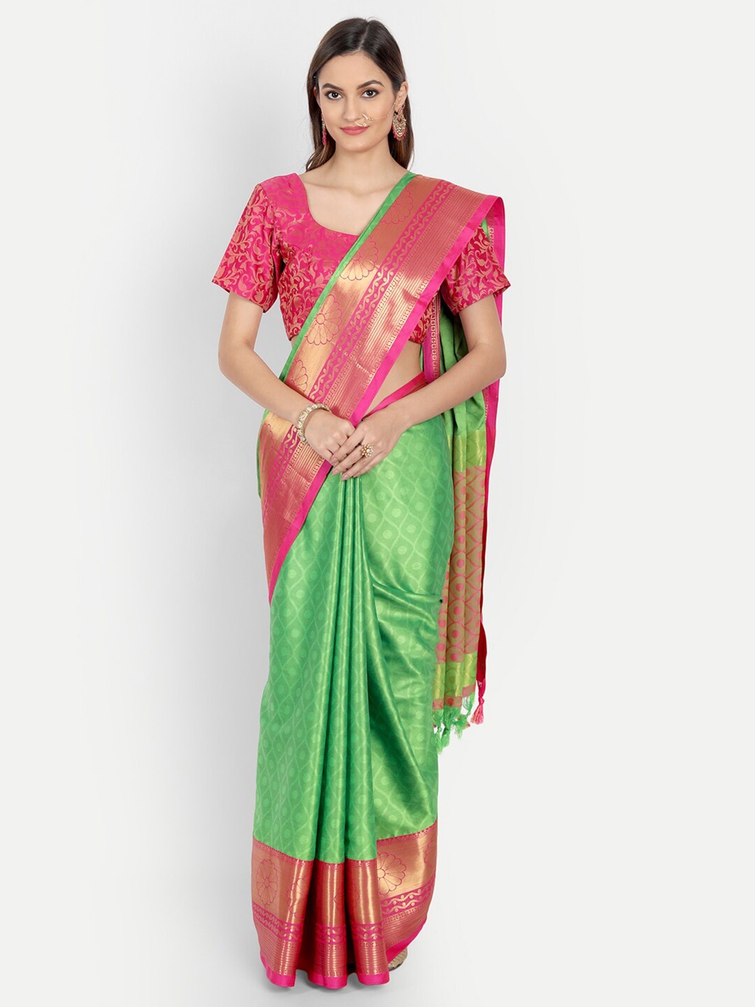 

VILLAGIUS Ethnic Motif Woven Design Zari Dharmavaram Saree, Fluorescent green