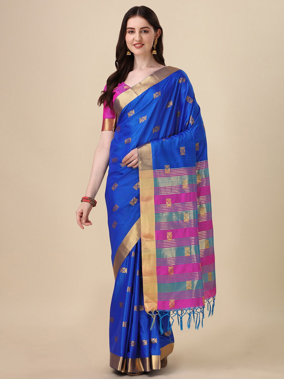 

VILLAGIUS Geometric Woven Design Zari Mysore Silk Saree, Blue