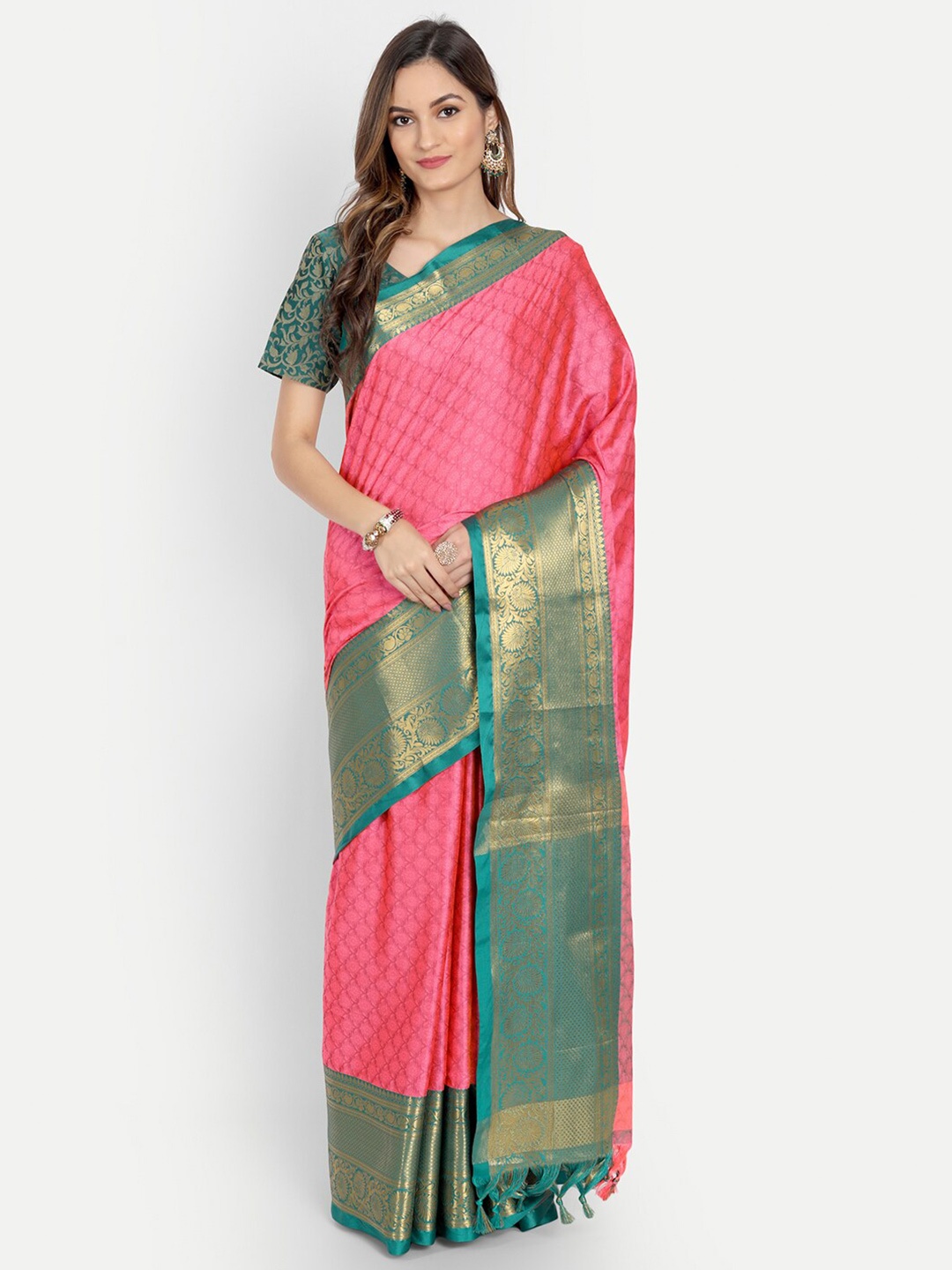 

VILLAGIUS Ethnic Motif Woven Design Zari Dharmavaram Saree, Pink