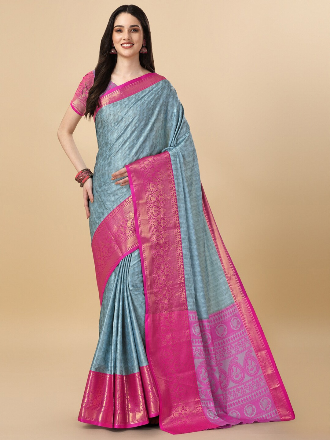 

VILLAGIUS Ethnic Woven Design Zari Pure Cotton Mysore Silk Saree, Turquoise blue