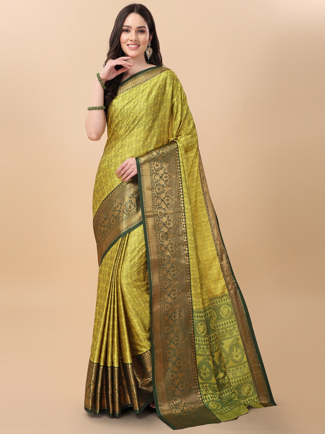 

VILLAGIUS Ethnic Motif Woven Design Zari Mysore Silk Saree, Yellow