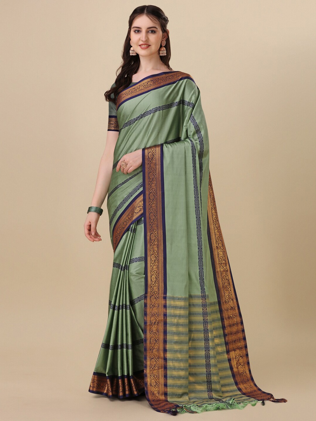 

VILLAGIUS Ethnic Motif Woven Design Zari Silk Cotton Saree, Green