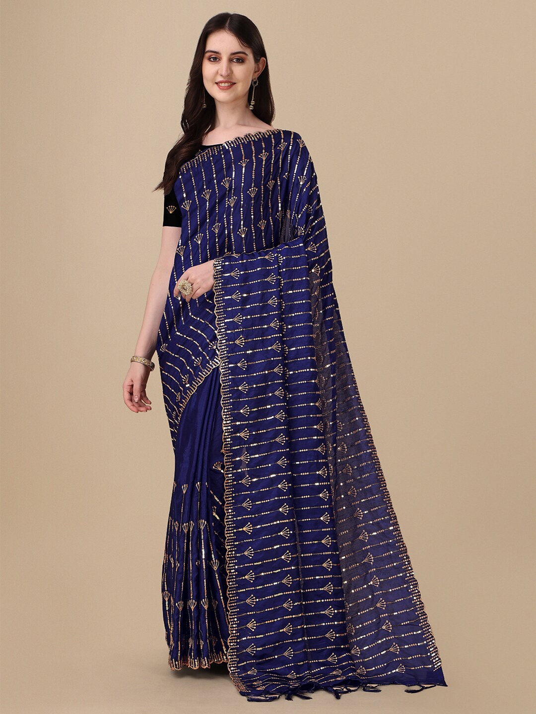 

VILLAGIUS Embellished Sequinned Pure Silk Ilkal Saree, Navy blue