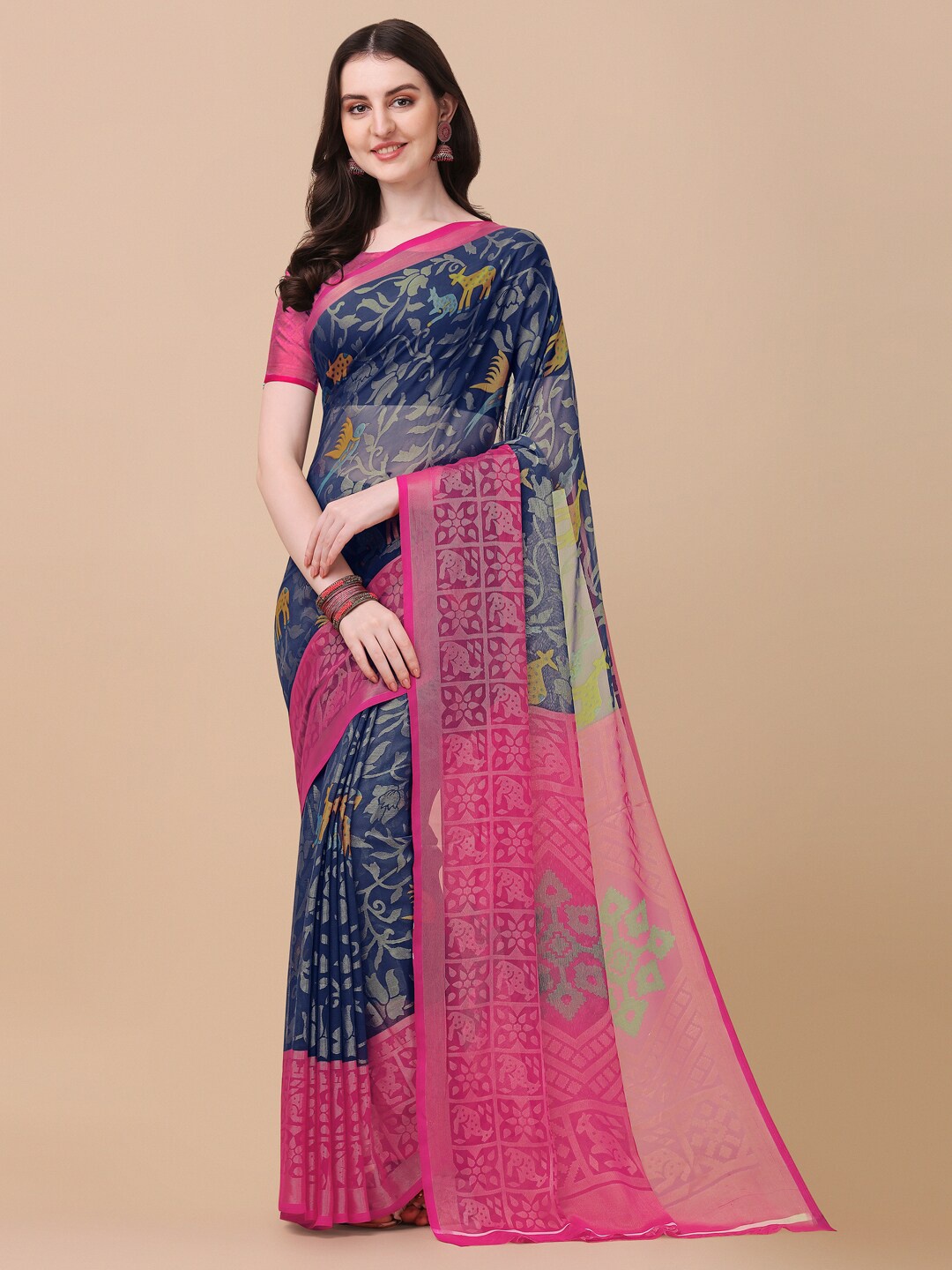 

VILLAGIUS Floral Printed Zari Brasso Saree, Navy blue