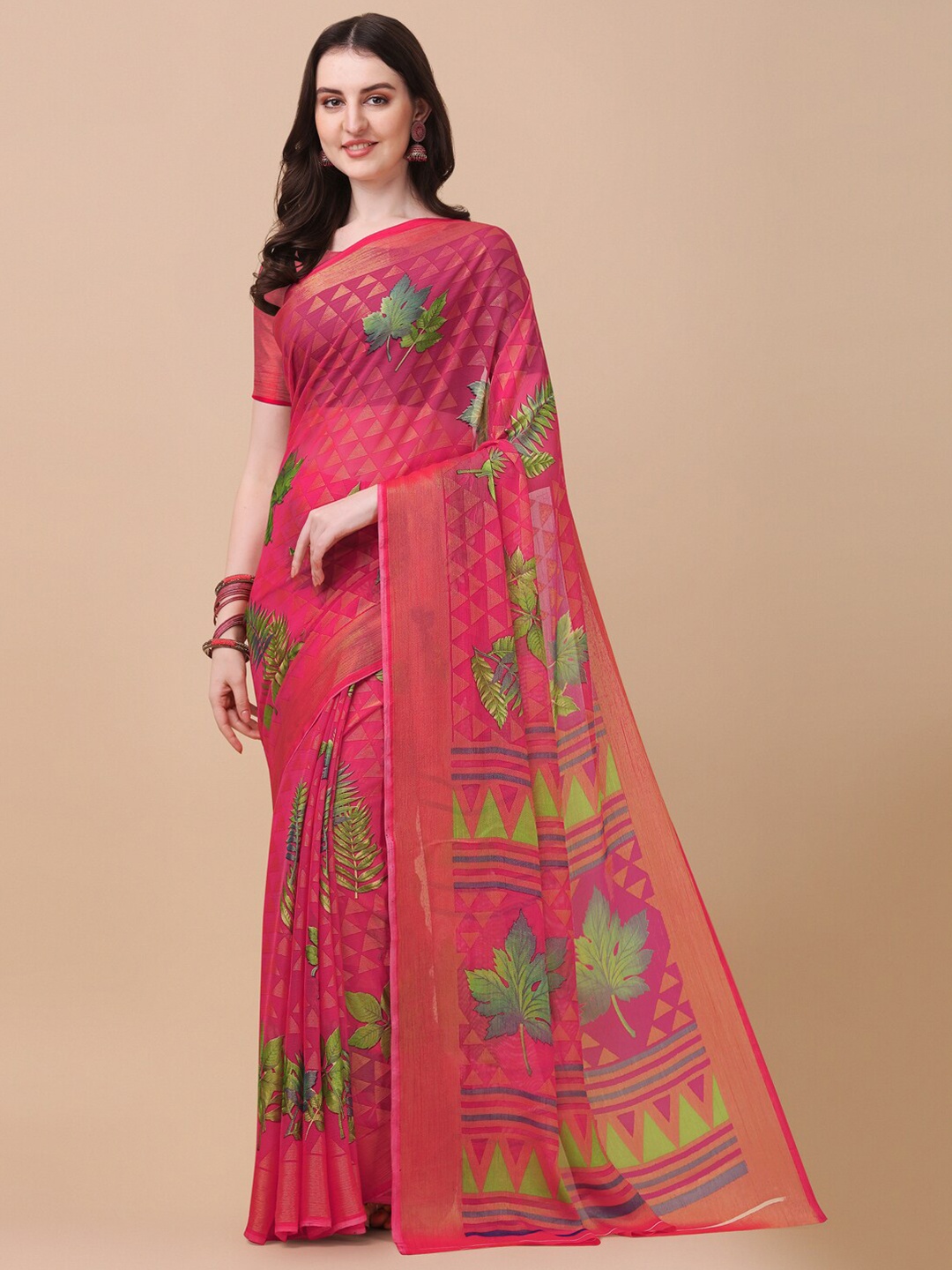 

VILLAGIUS Zari Block Print Brasso Saree, Pink