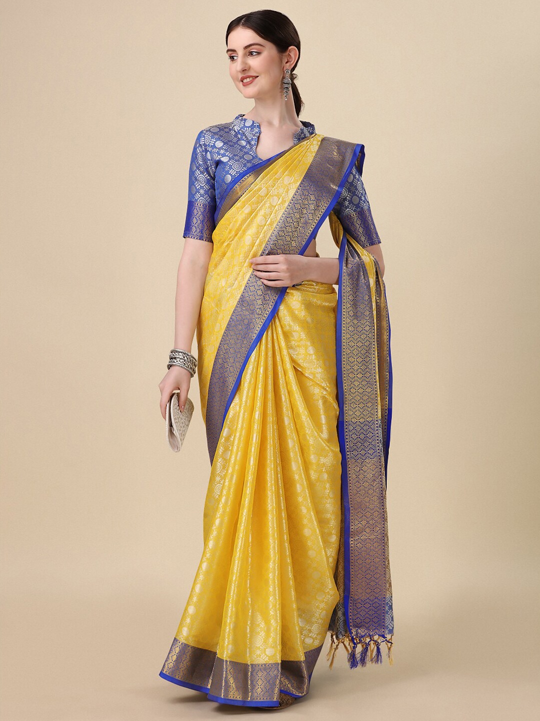 

VILLAGIUS Woven Design Zari Mysore Silk Saree, Yellow
