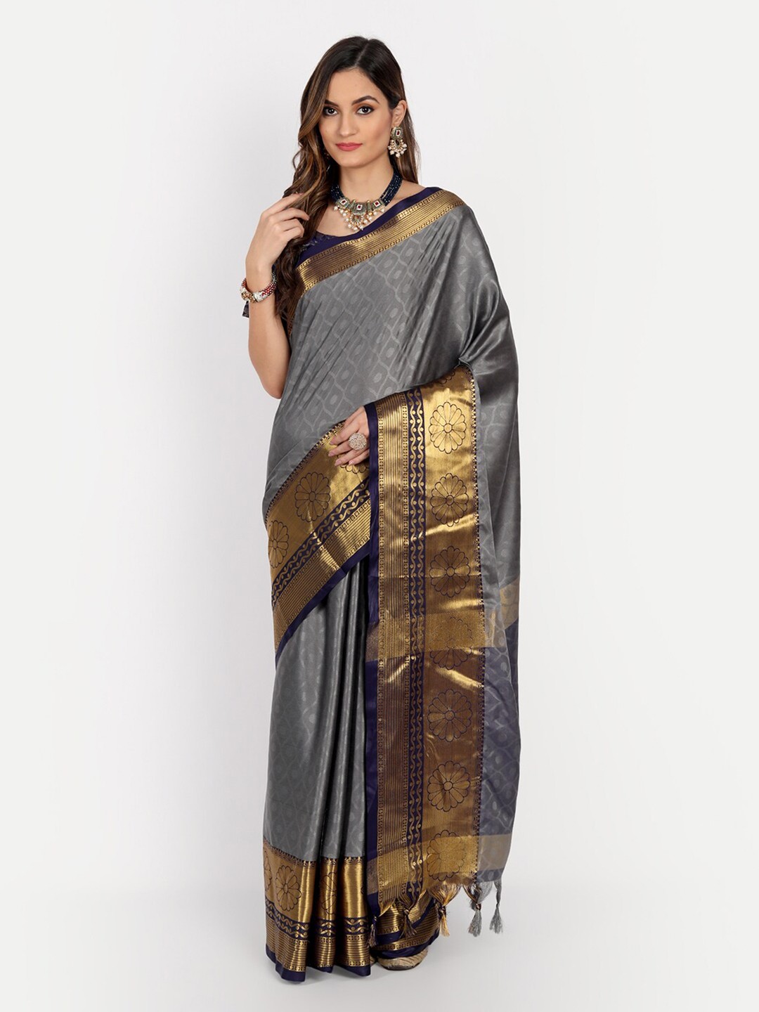 

VILLAGIUS Woven Design Zari Dharmavaram Saree, Grey
