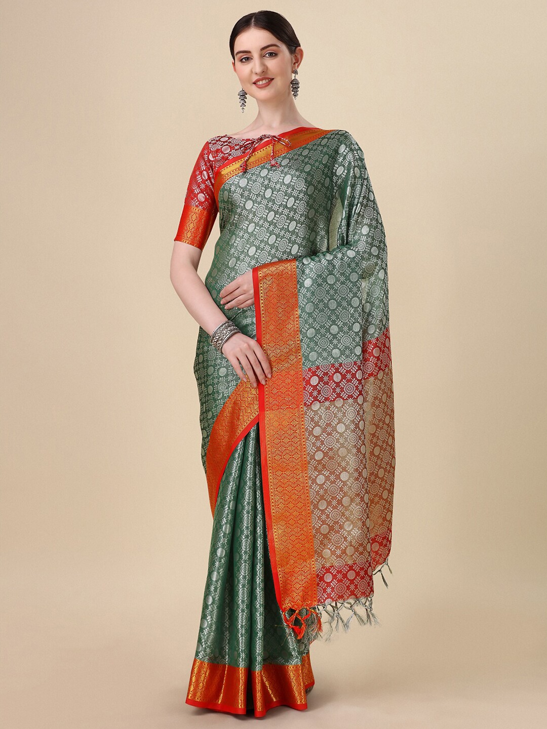 

VILLAGIUS Ethnic Woven Design Zari Mysore Silk Saree, Green