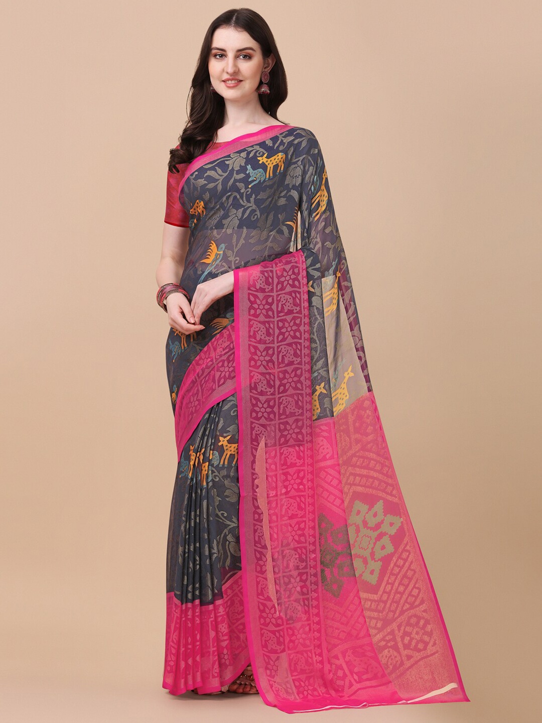 

VILLAGIUS Floral Printed Zari Brasso Saree, Grey