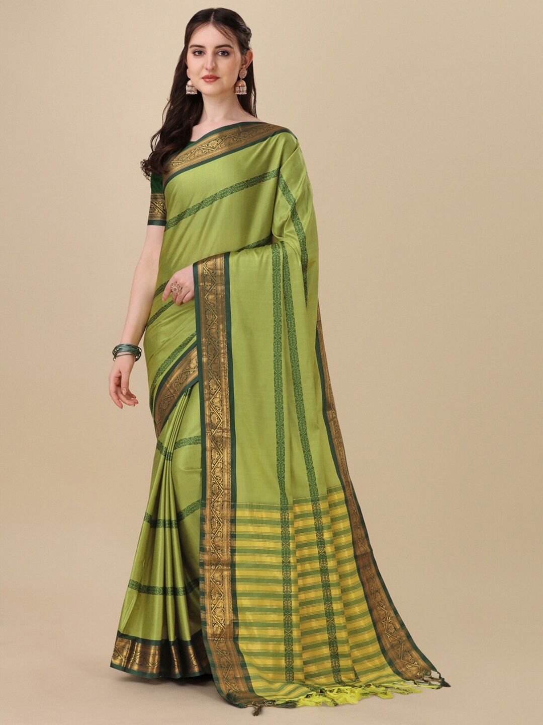 

VILLAGIUS Ethnic Woven Design Zari Silk Cotton Ikat Saree, Lime green