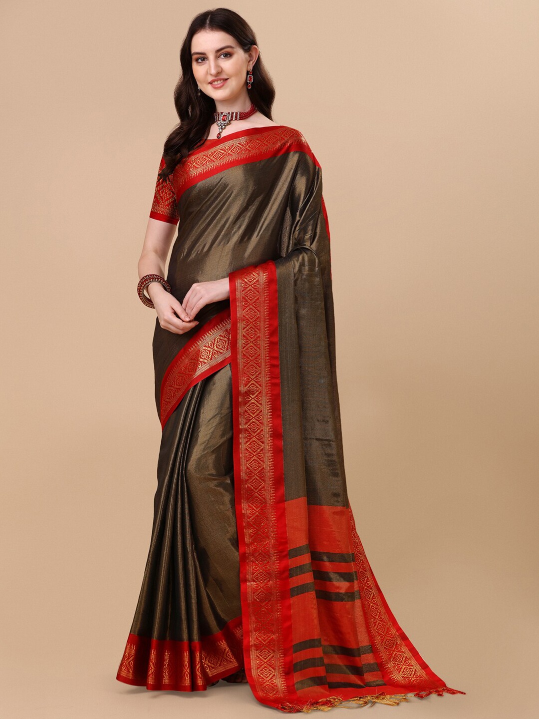 

VILLAGIUS Zari Pure Silk Ilkal Saree, Olive