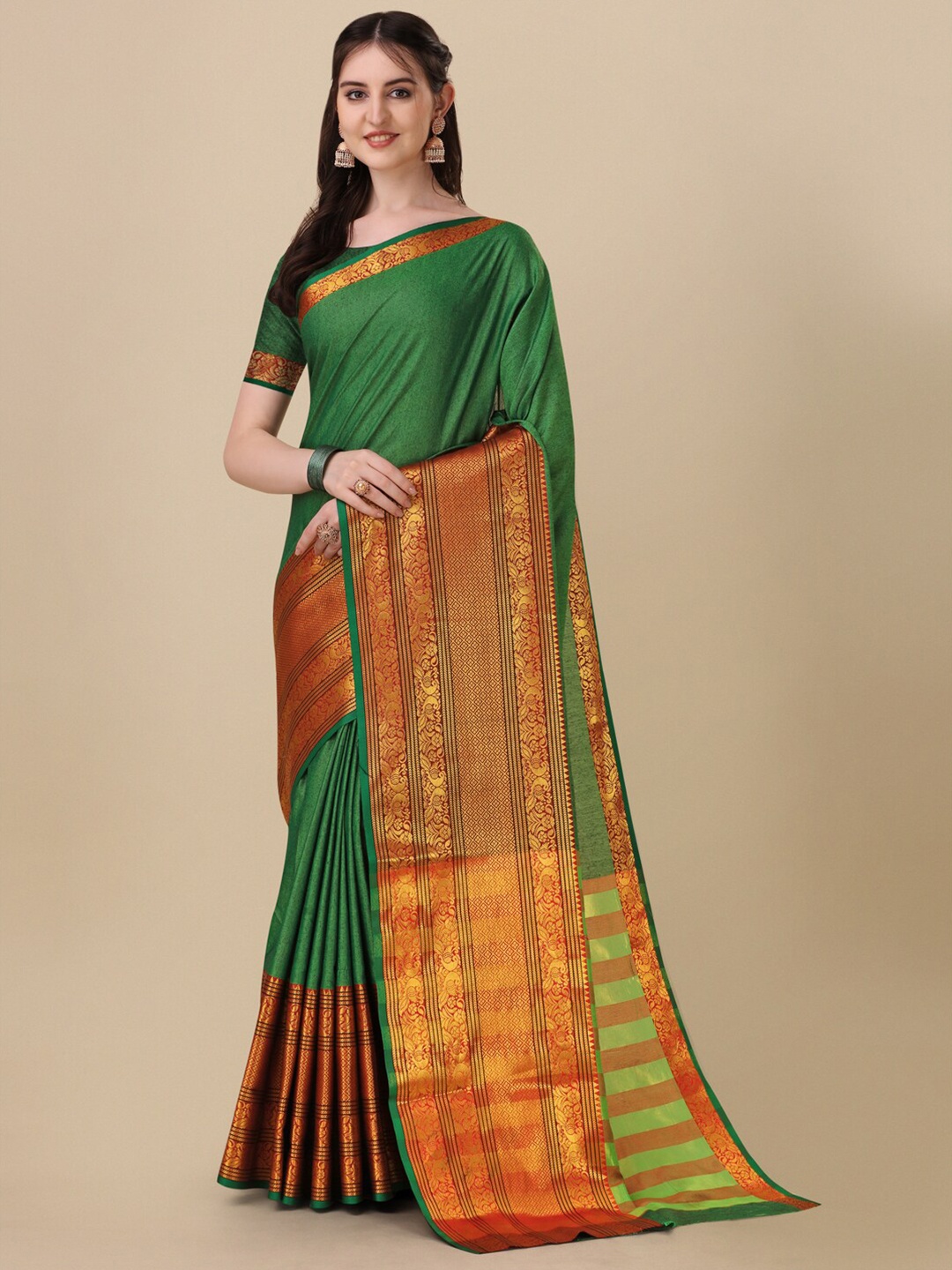 

VILLAGIUS Ethnic Motif Woven Design Zari Pure Cotton Saree, Green