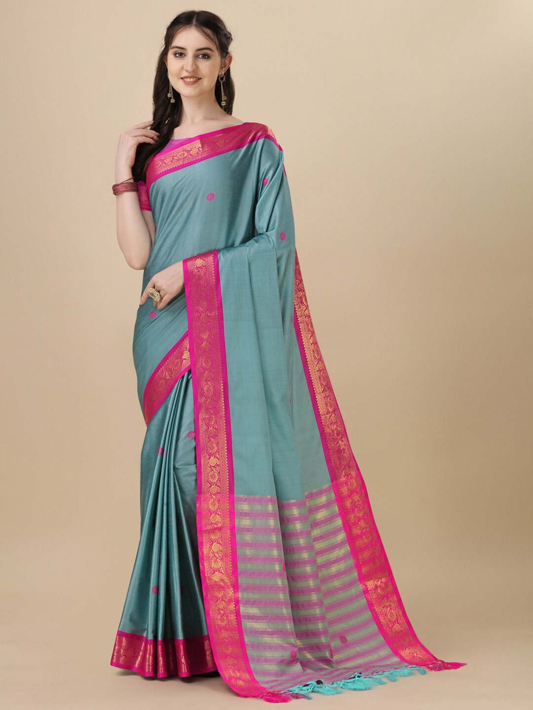 

VILLAGIUS Floral Woven Design Zari Silk Cotton Saree, Turquoise blue