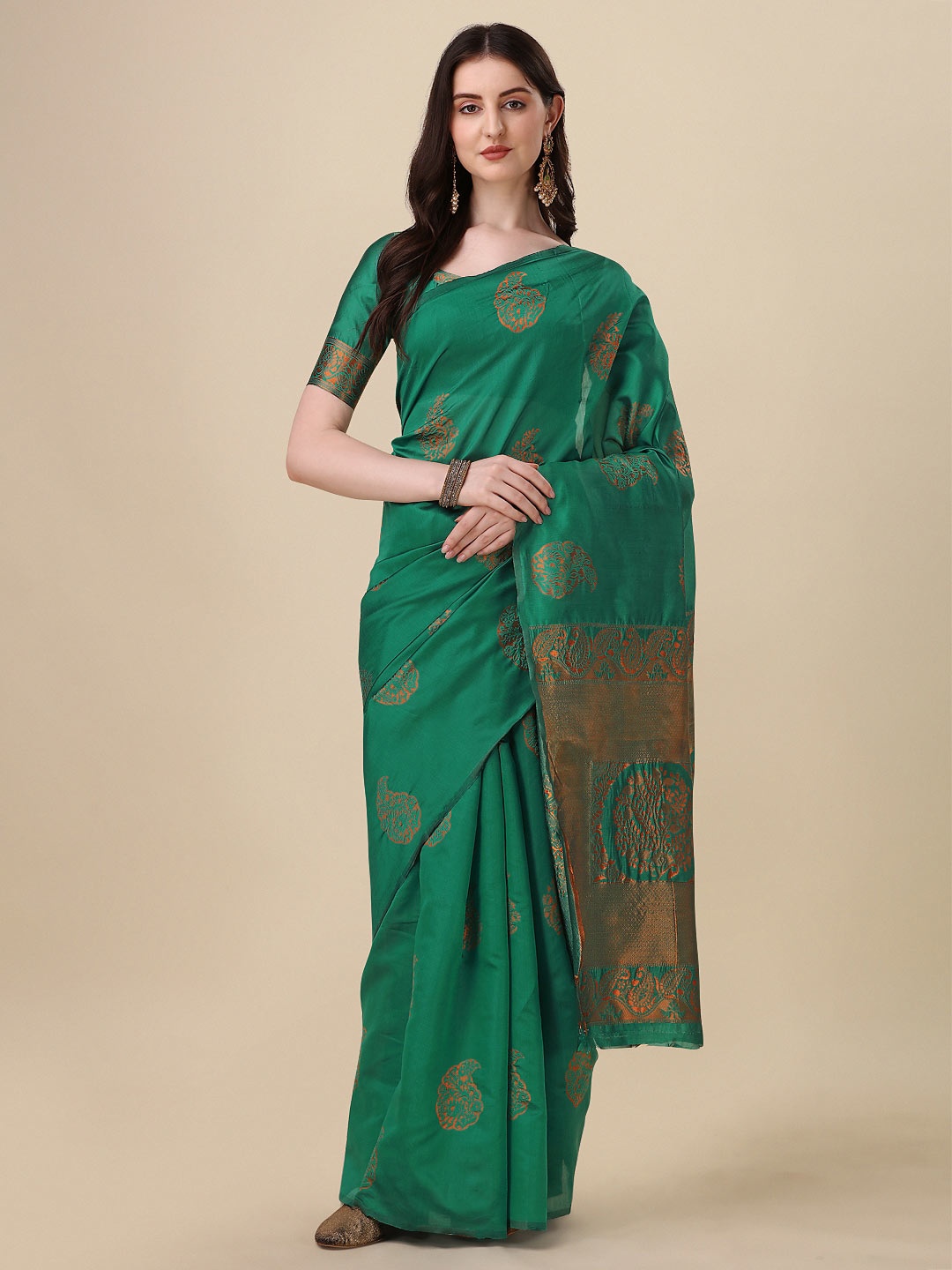 

VILLAGIUS Paisley Woven Design Zari Banarasi Saree, Green