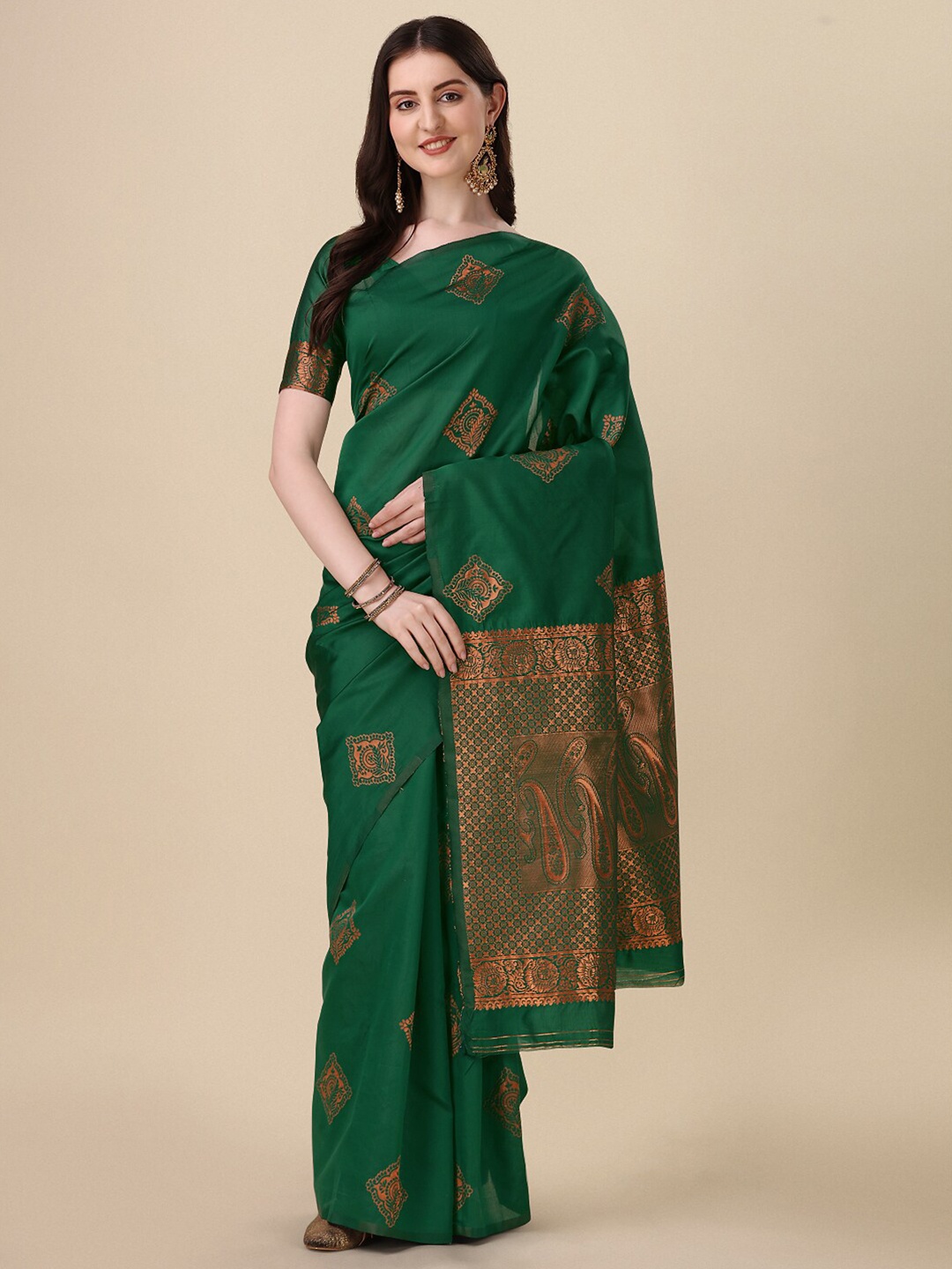 

VILLAGIUS Ethnic Motif Woven Design Zari Banarasi Saree, Green