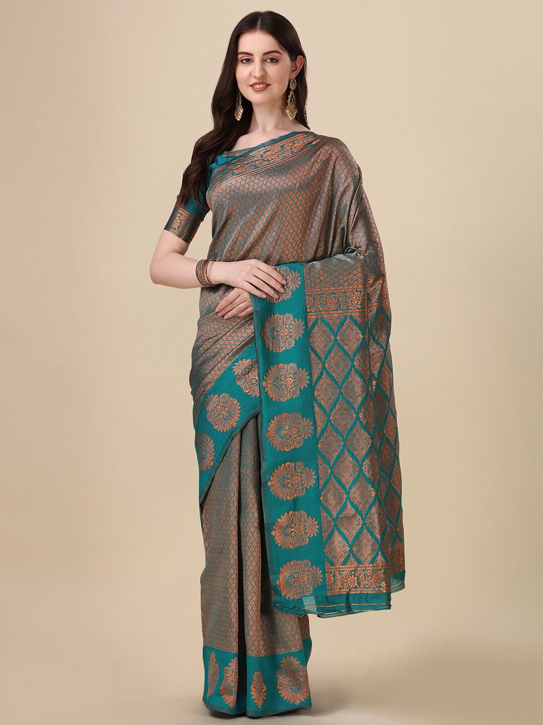 

VILLAGIUS Ethnic Motif Woven Design Zari Banarasi Saree, Green