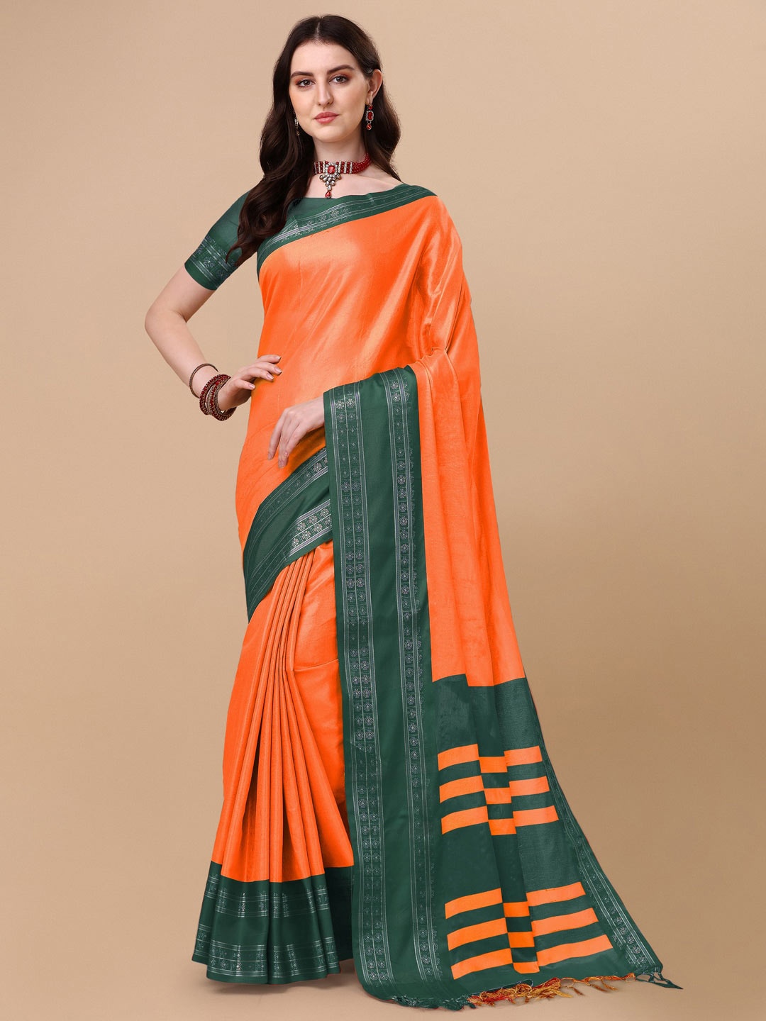 

VILLAGIUS Woven Design Zari Pure Silk Ilkal Saree, Orange
