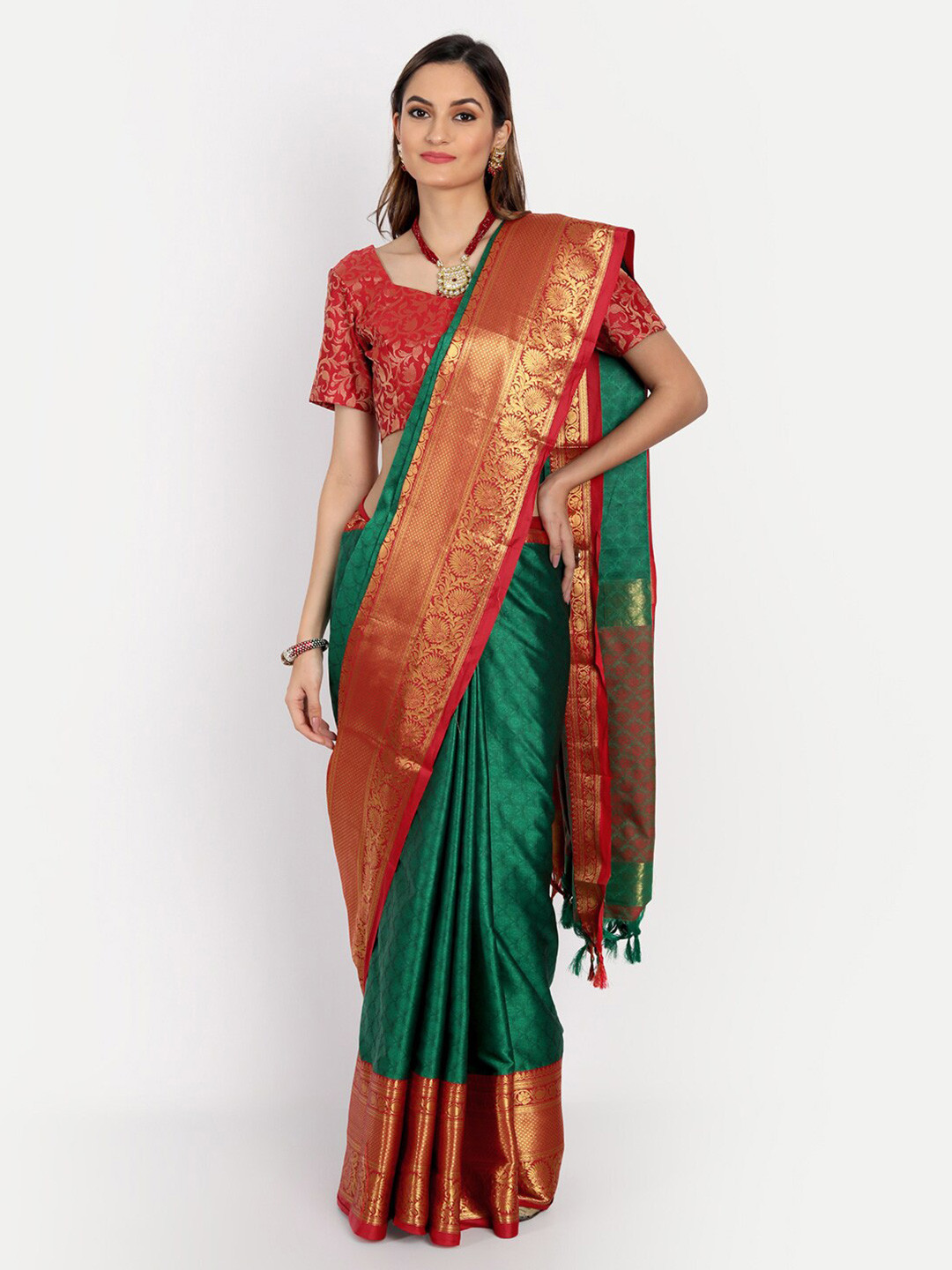 

VILLAGIUS Ethnic Motif Woven Design Zari Dharmavaram Saree, Green