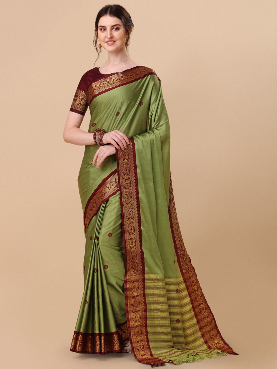 

VILLAGIUS Ethnic Woven Design Zari Pure Silk Ilkal Saree, Green