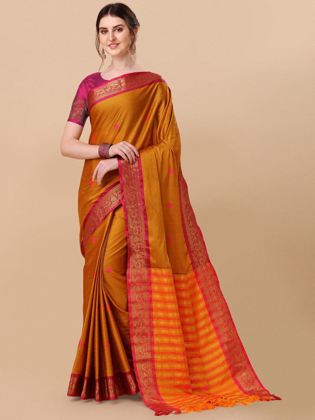 

VILLAGIUS Ethnic Woven Design Zari Pure Silk Ilkal Saree, Mustard