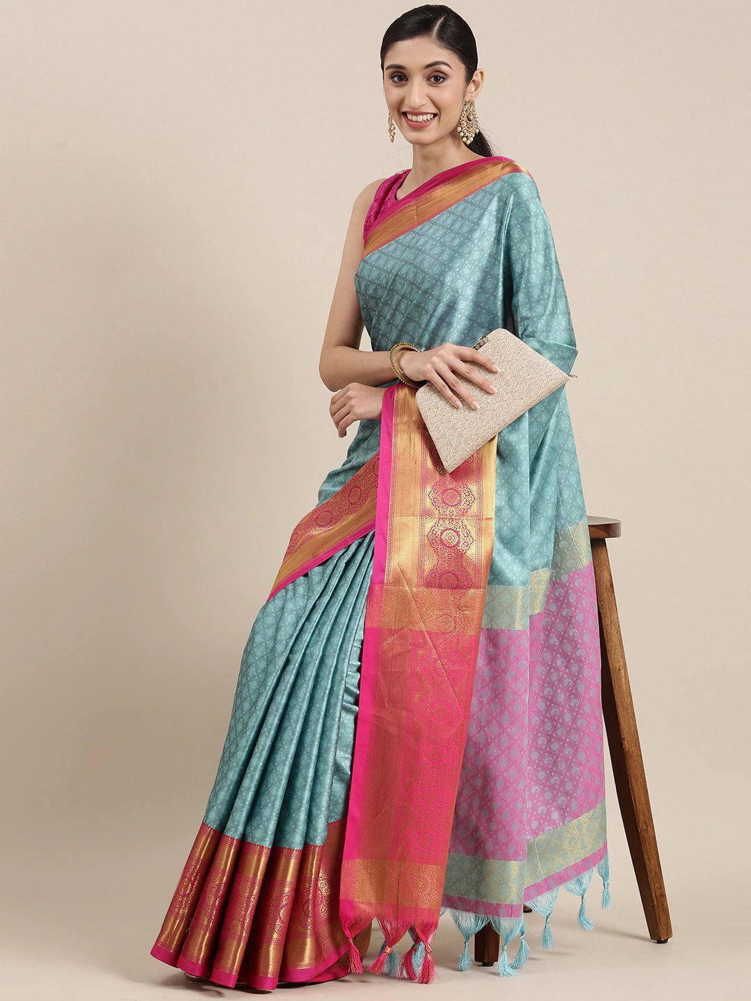 

VILLAGIUS Woven Design Zari Silk Cotton Mysore Silk Saree, Turquoise blue