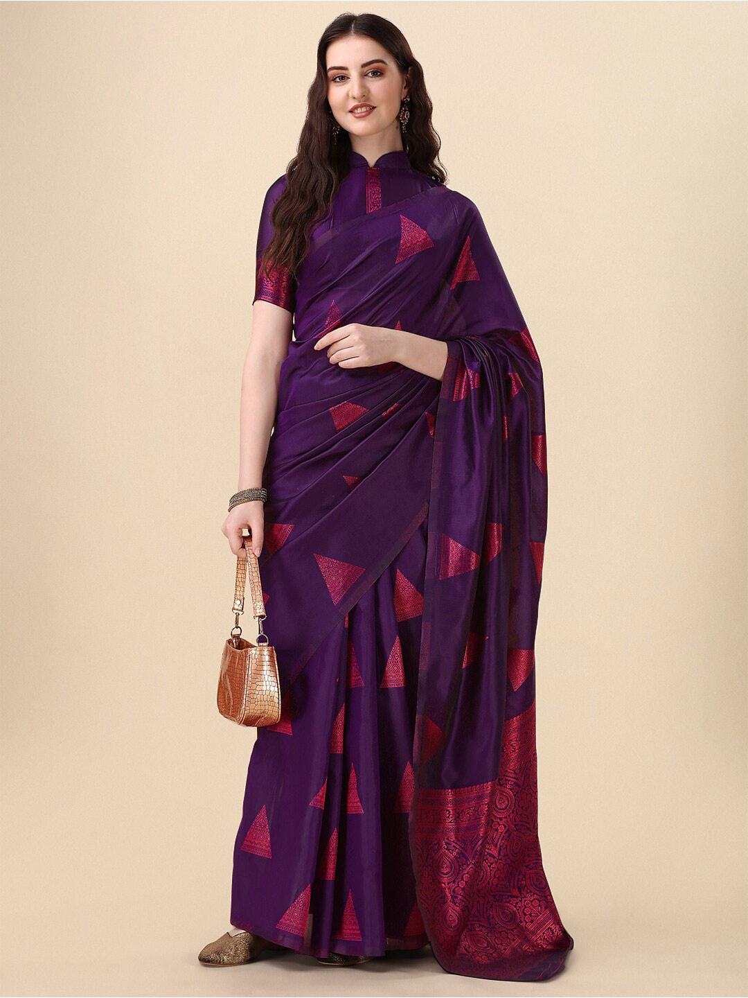 

VILLAGIUS Ethnic Motif Woven Design Zari Banarasi Saree, Purple