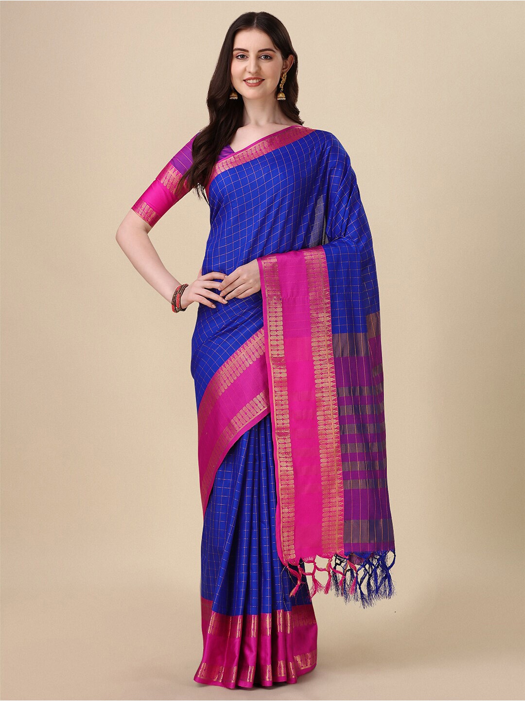 

VILLAGIUS Checked Zari Mysore Silk Saree, Blue