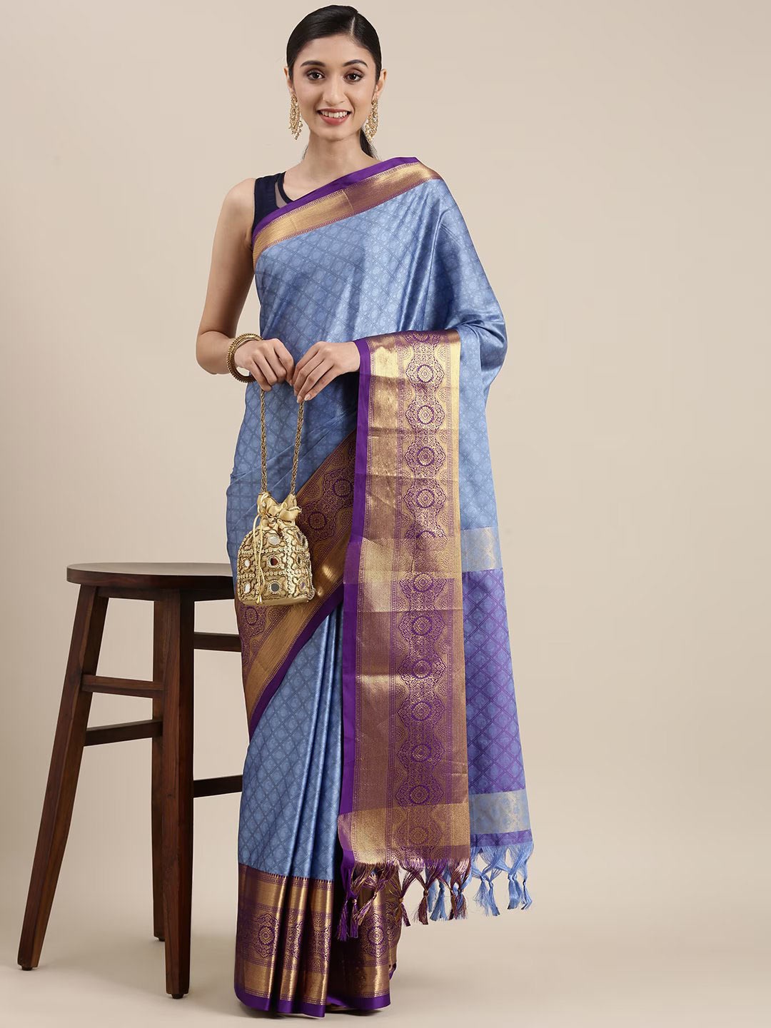 

VILLAGIUS Woven Design Zari Silk Cotton Mysore Silk Saree, Blue