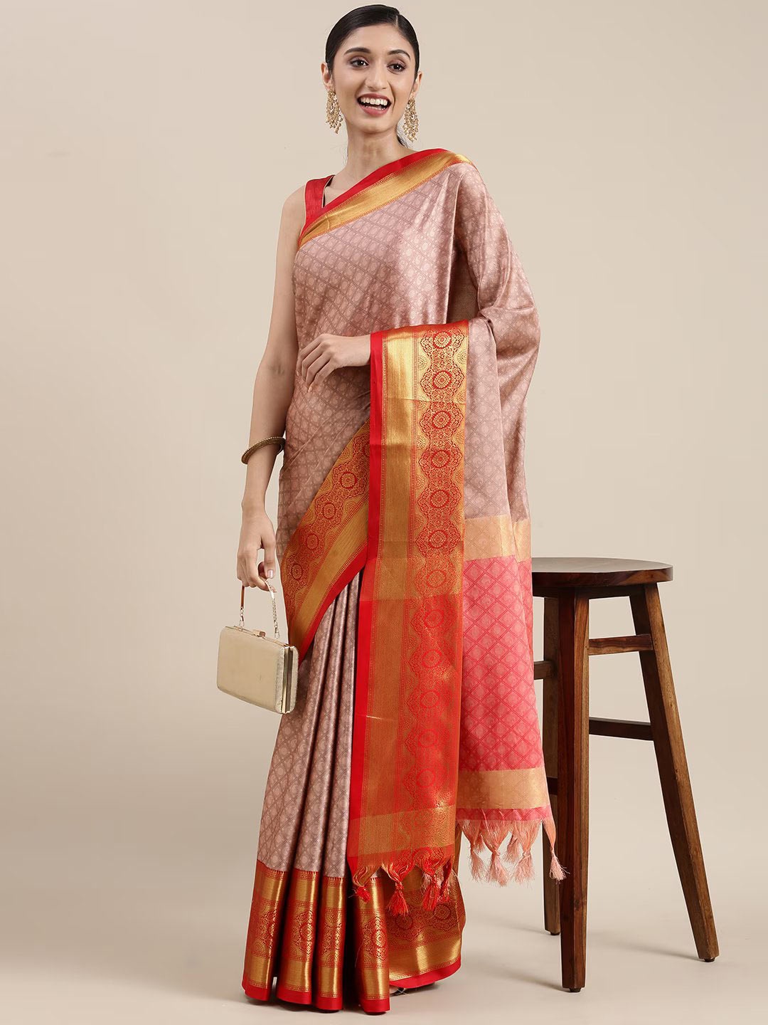 

VILLAGIUS Woven Design Zari Silk Cotton Mysore Silk Saree, Peach