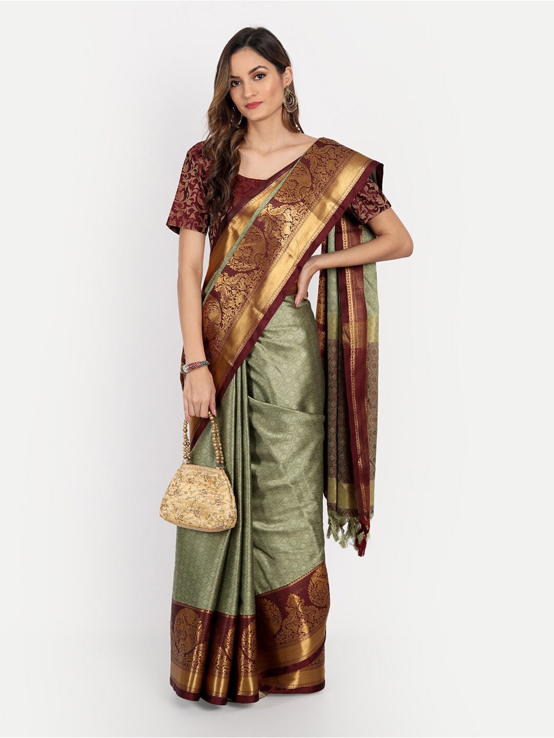 

VILLAGIUS Ethnic Woven Design Zari Dharmavaram Saree, Olive