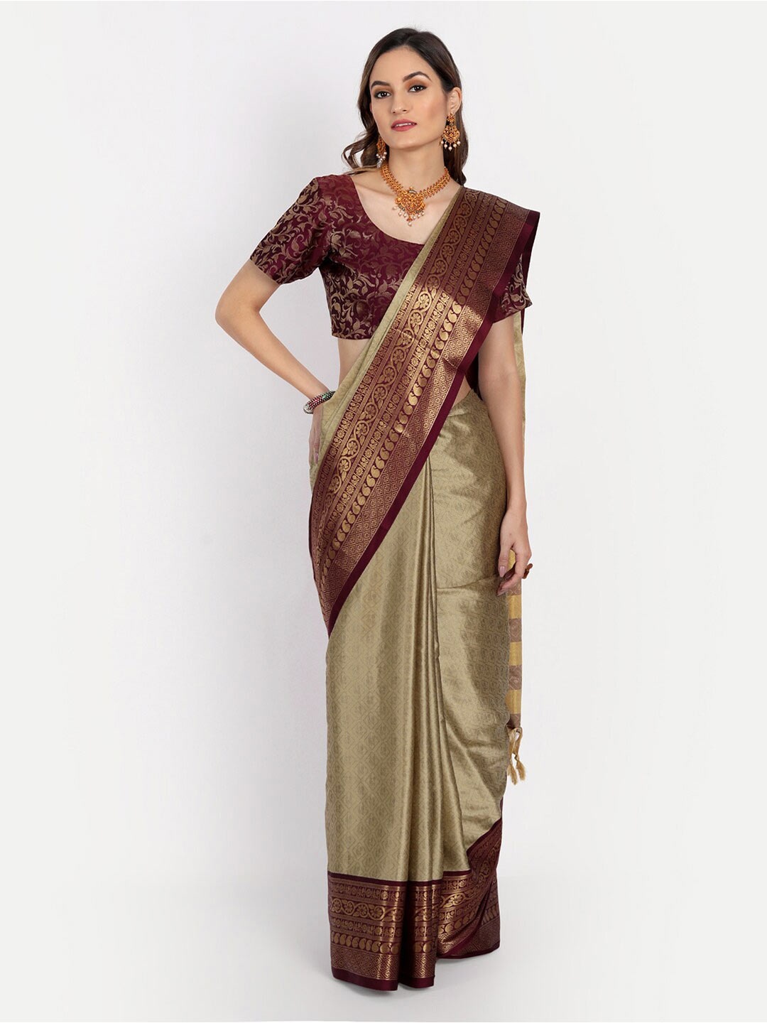 

VILLAGIUS Ethnic Woven Design Zari Dharmavaram Saree, Beige