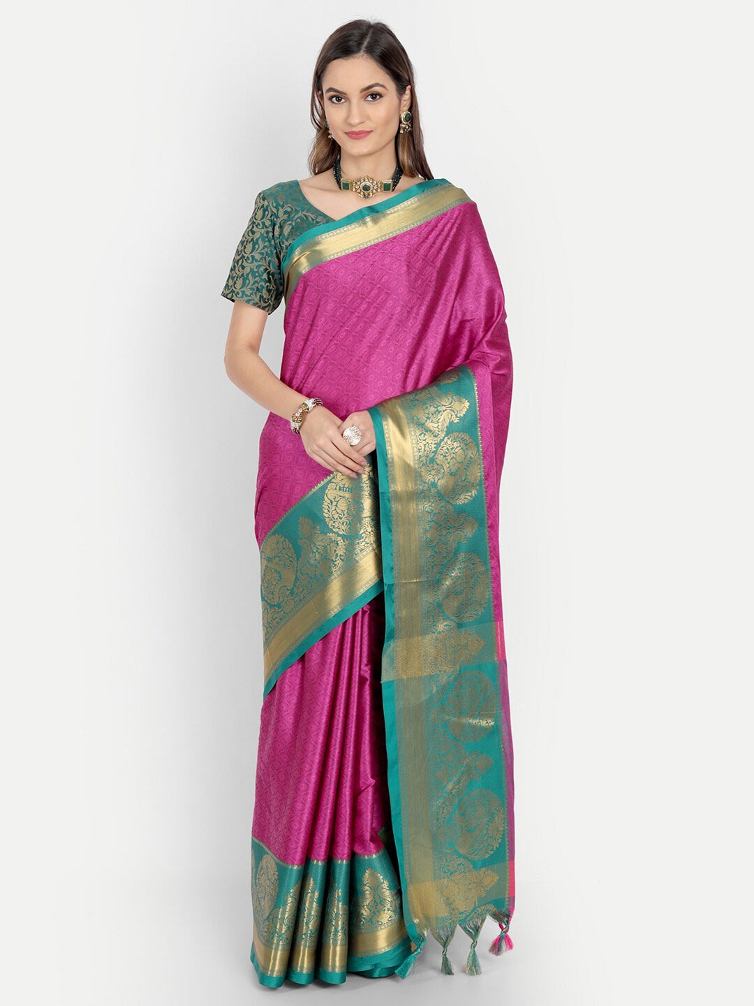

VILLAGIUS Ethnic Motif Woven Design Zari Dharmavaram Saree, Pink